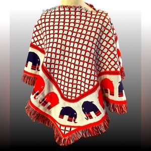 RARE! 70’s Vintage Elephant Fringe Poncho - Red-Orange, Navy Blue & White OS